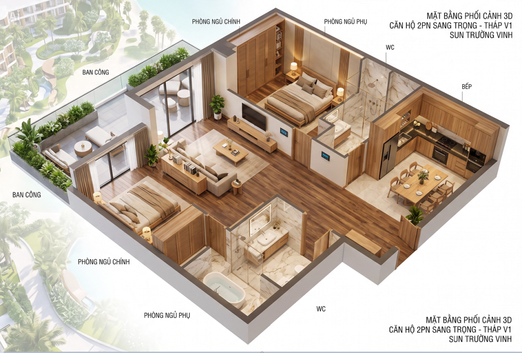 Mặt bằng khối cảnh 3D căn hộ 2 phòng ngủ chung Cư dự án