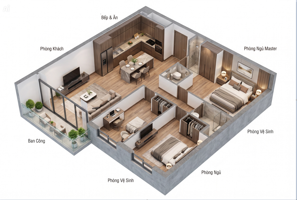 Mặt bằng phối cảnh căn hộ 3 phòng ngủ chung cư Sun Trường Vinh