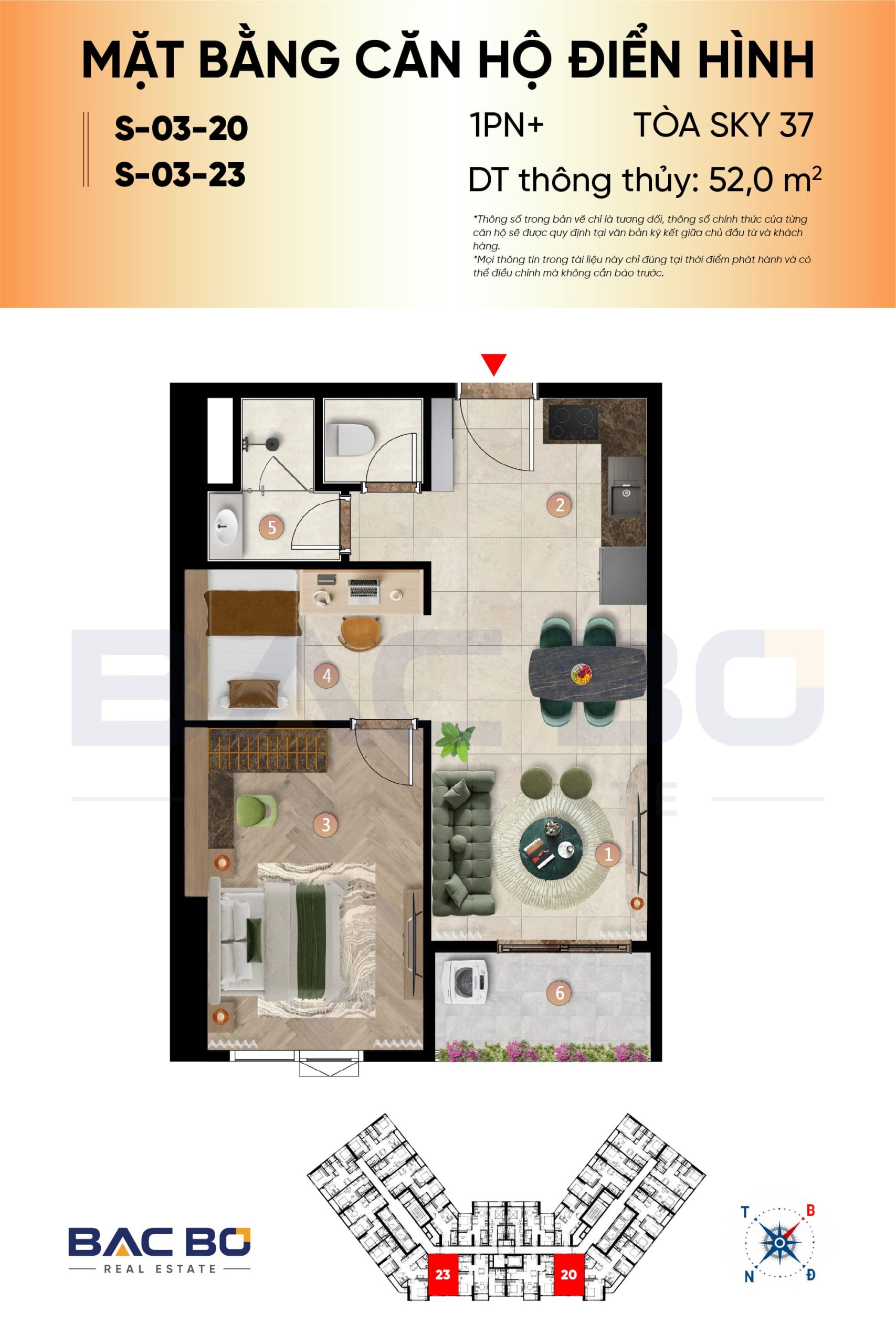 Mặt bằng căn 1PN+ 52 m² mã 20 và 23 tòa Sky 37 dự án