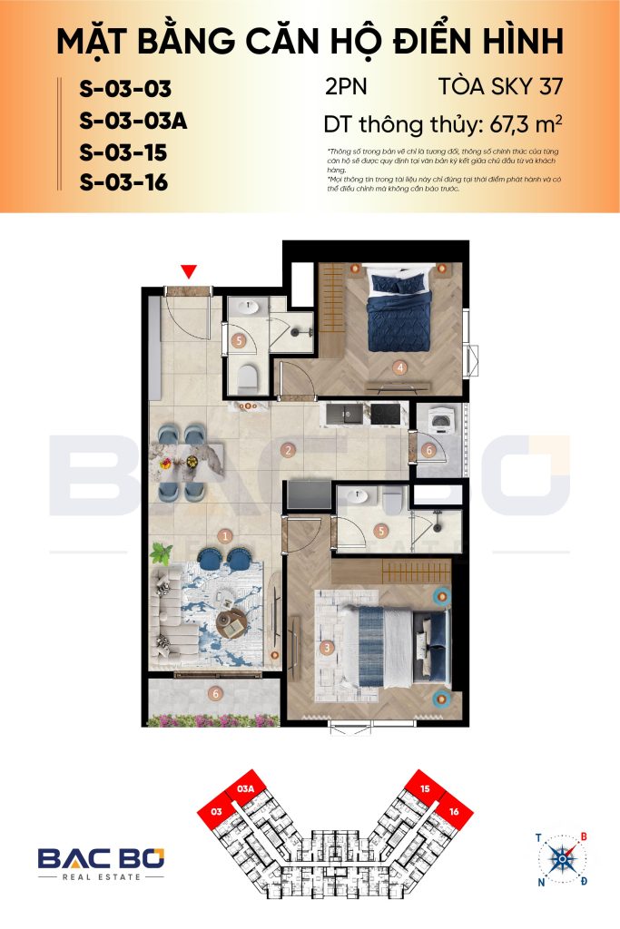 Mặt bằng căn 2 phòng ngủ 67,3 m² tòa Sky 37 Sun Glory Residence