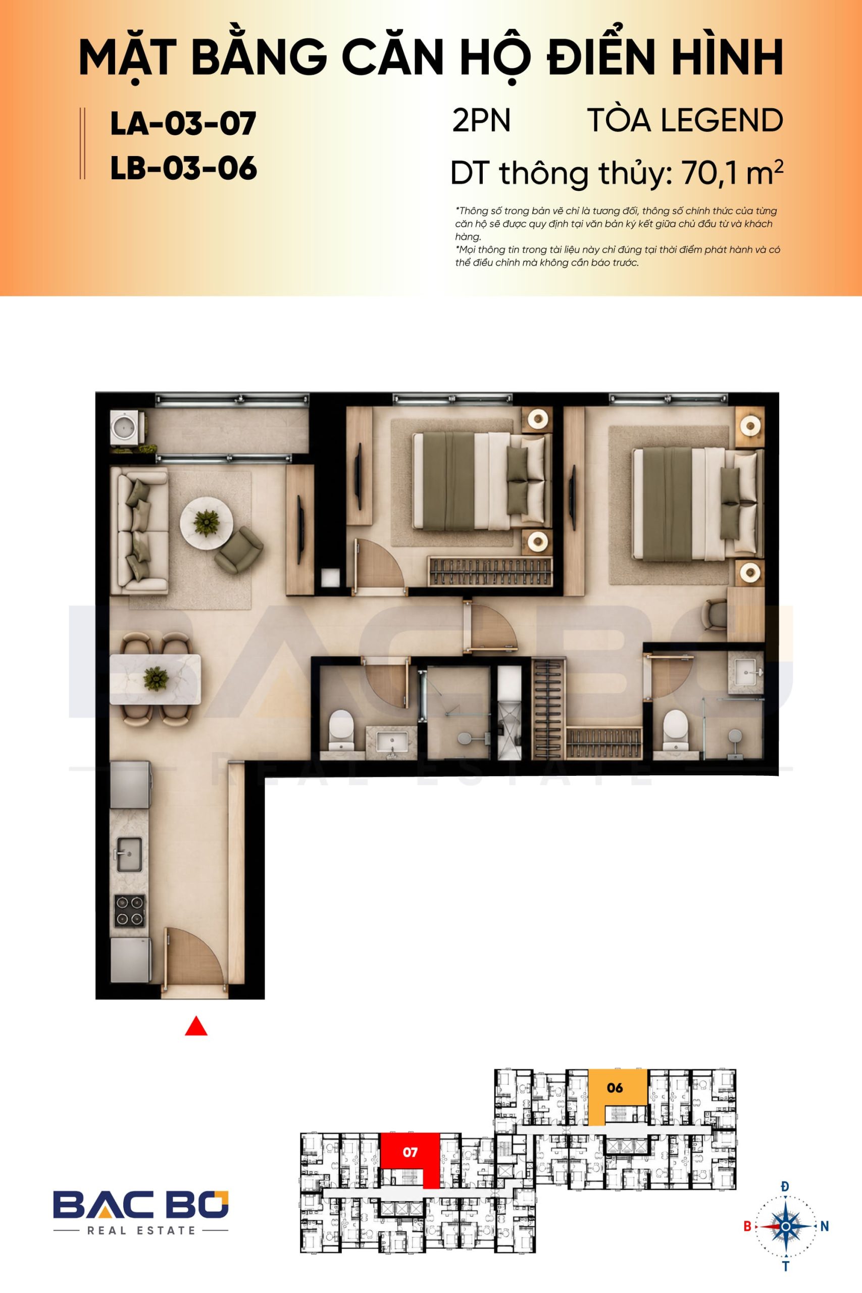 Layout 3D căn 2PN 70,1 m² tòa Legend chung cư dự án