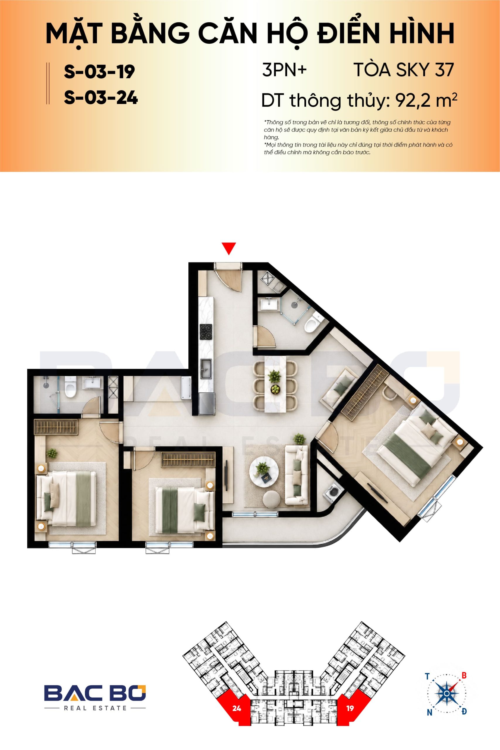 Mặt bằng căn 3PN+ 92,2 m² mã 19 và 24 tòa Sky 37 dự án