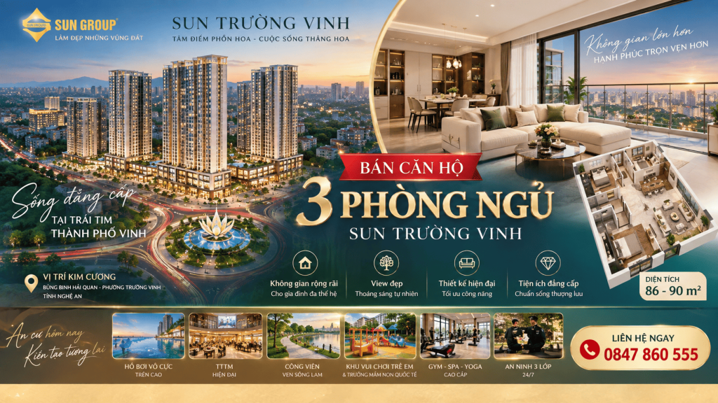 Bán căn hộ 3 phòng ngủ Sun Trường Vinh