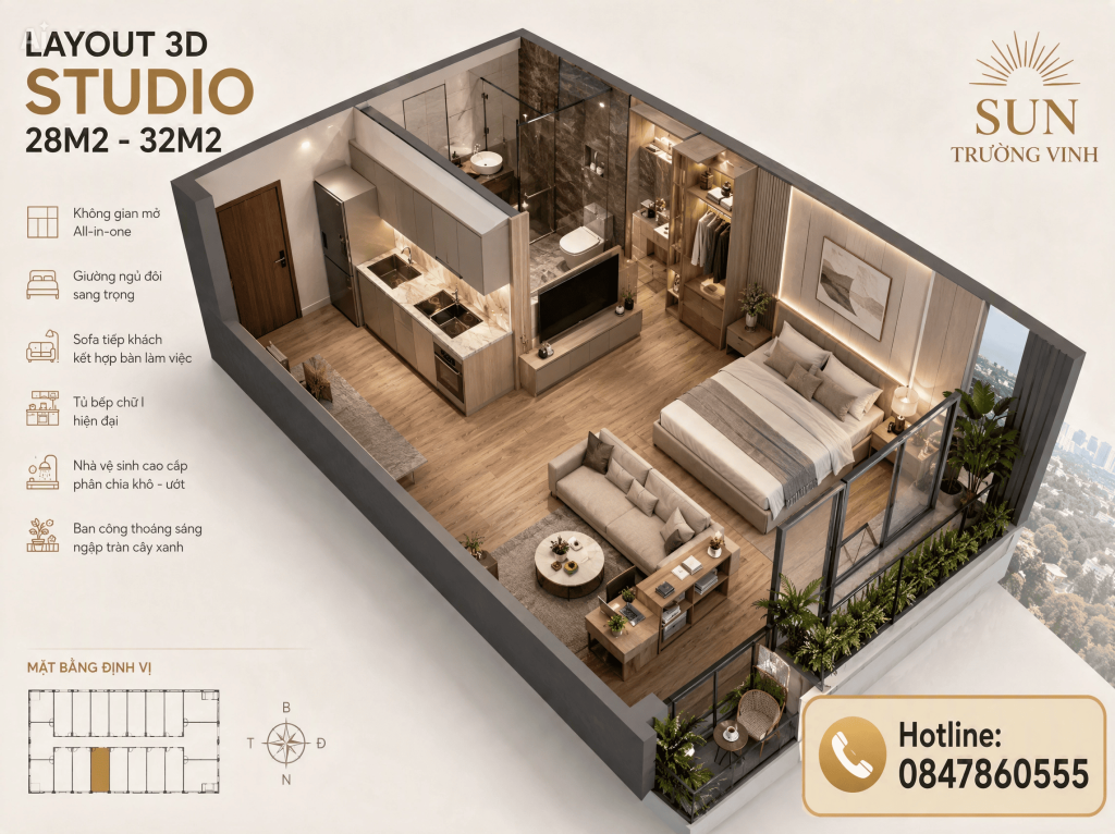 Layout 3D căn hộ studio Sun Trường Vinh