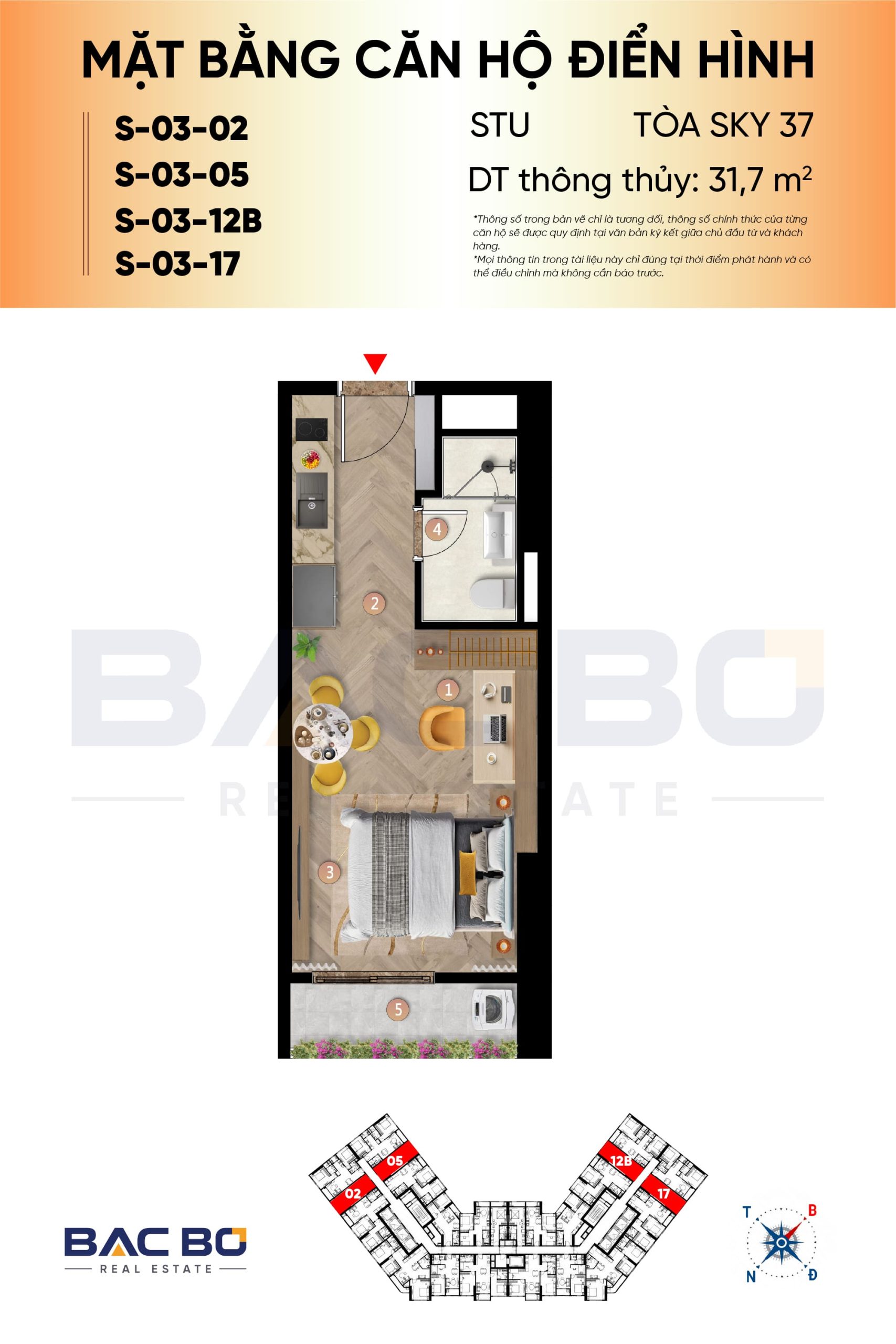 Mặt bằng căn studio 31,7 m² mã 02, 05, 12B, 17 tòa Sky 37