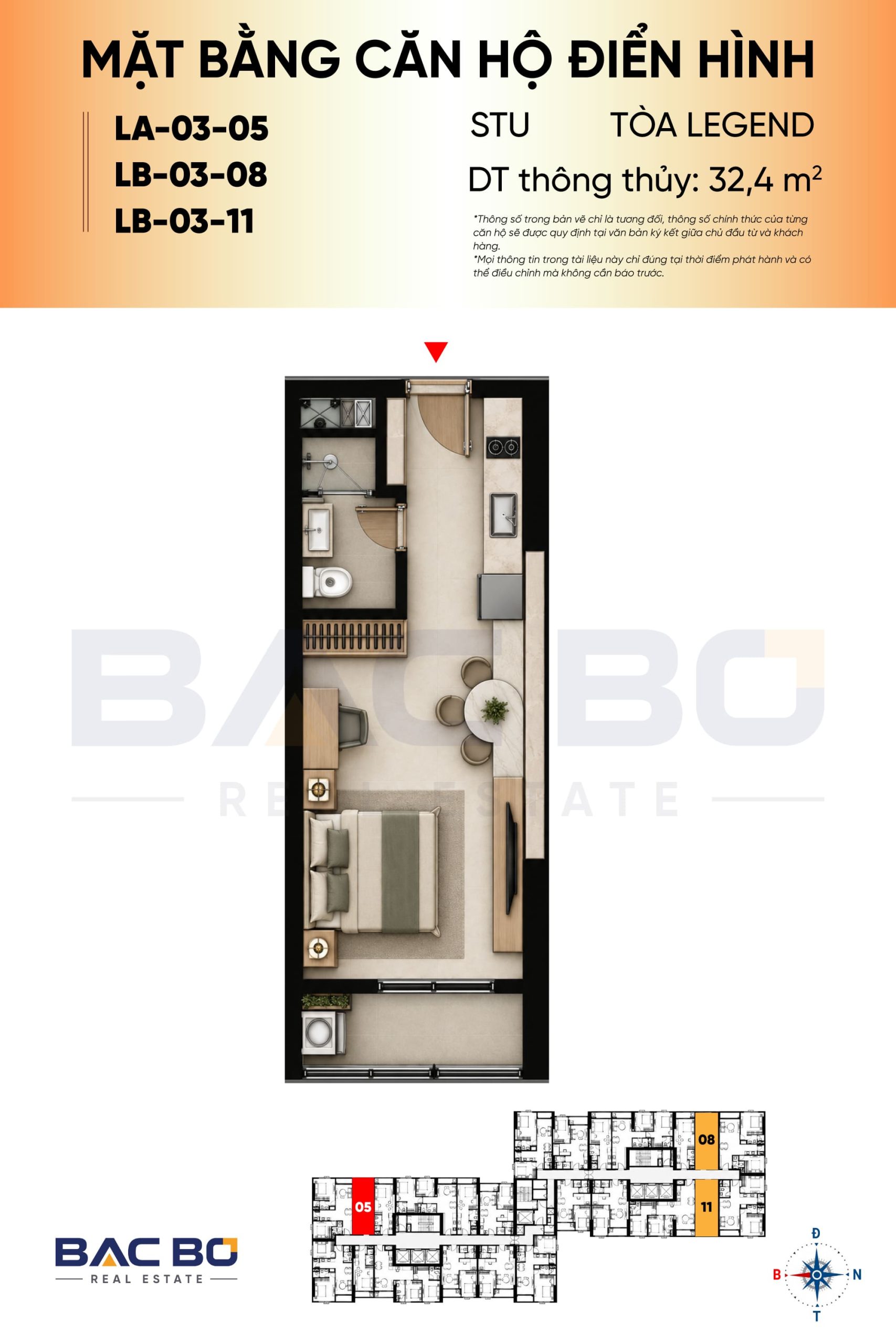 Layout 3D căn studio 32,4 m² tòa Legend dự án
