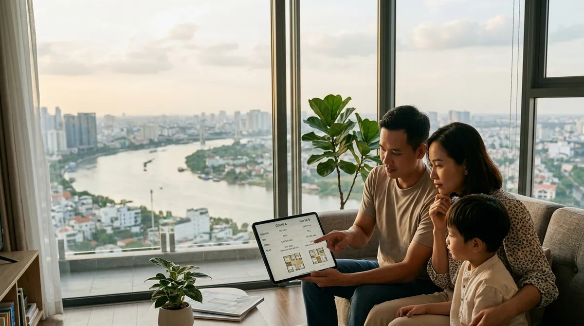 Ảnh minh họa gia đình trẻ so sánh chung cư cao cấp tại Vinh trên máy tính bảng