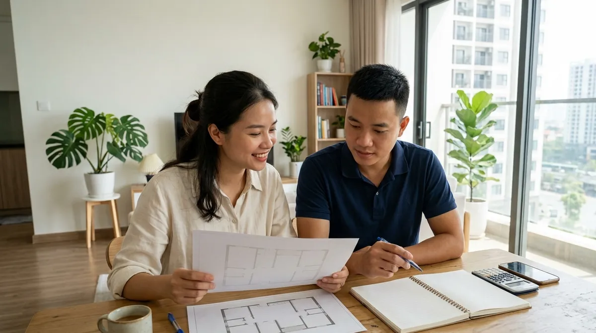 Ảnh minh họa vợ chồng trẻ tìm hiểu kinh nghiệm mua căn hộ lần đầu tại Vinh