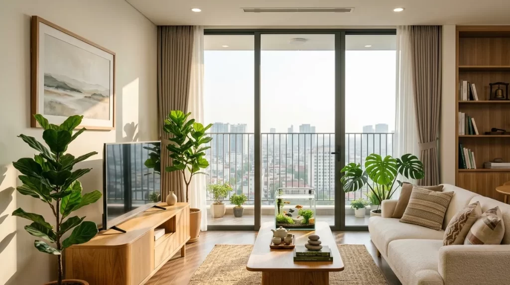Ảnh minh họa phòng khách căn hộ bài trí hợp phong thủy tại Sun Trường Vinh