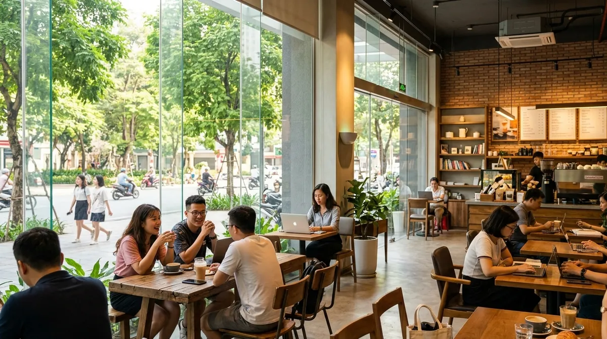 Ảnh minh họa quán cà phê có người làm việc bằng laptop tại khối đế chung cư Sun Trường Vinh