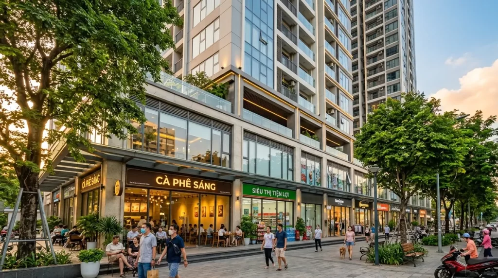Ảnh minh họa dãy shophouse khối đế Sun Trường Vinh với cửa hàng và vỉa hè rộng