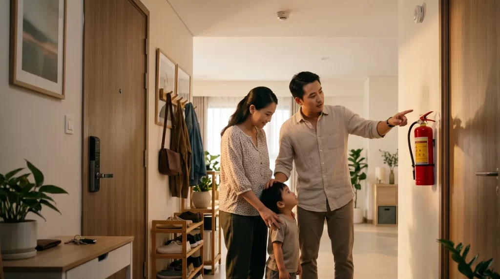 Ảnh minh họa gia đình kiểm tra bình chữa cháy, an toàn PCCC chung cư Sun Trường Vinh