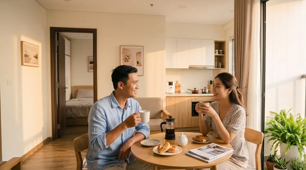 Ảnh minh họa vợ chồng trẻ uống cà phê trong căn 1 phòng ngủ Sun Glory Residence