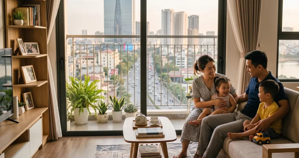 Ảnh minh họa gia đình trẻ trong phòng khách căn 2 phòng ngủ Sun Glory Residence