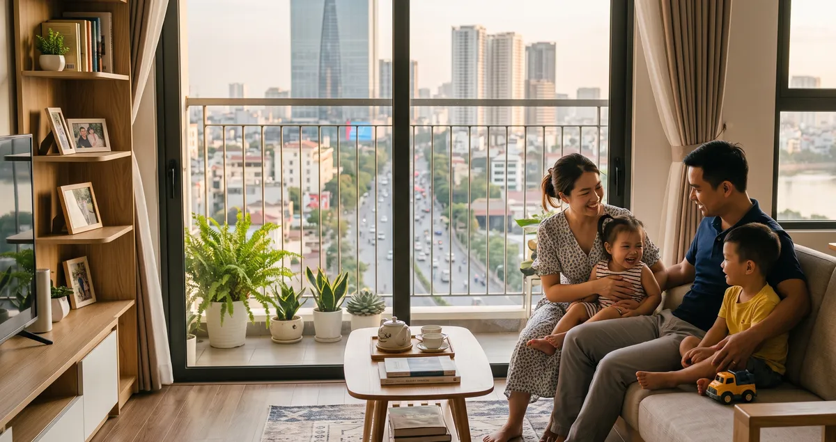 Ảnh minh họa gia đình trong căn hộ hai phòng ngủ chung cư Sun Glory Residence
