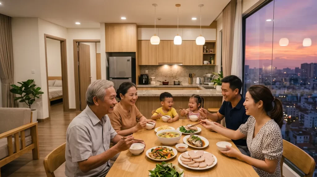 Ảnh minh họa gia đình ba thế hệ ăn tối trong căn 3 phòng ngủ Sun Glory Residence