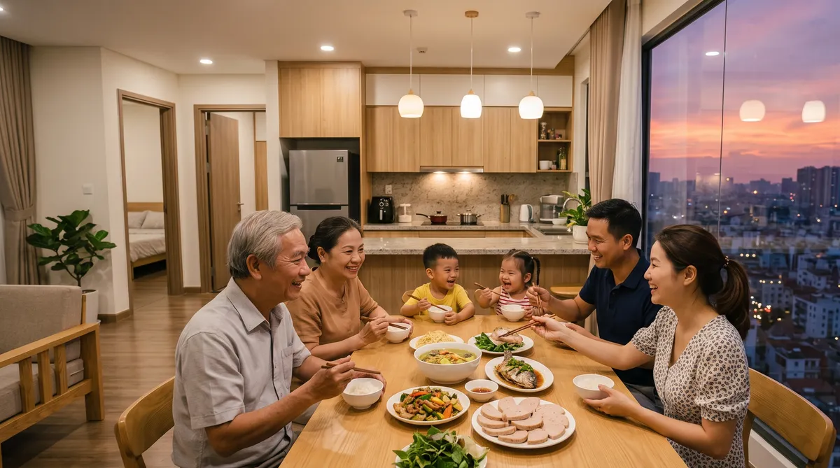 Ảnh minh họa gia đình ba thế hệ ăn tối trong căn 3 phòng ngủ Sun Glory Residence