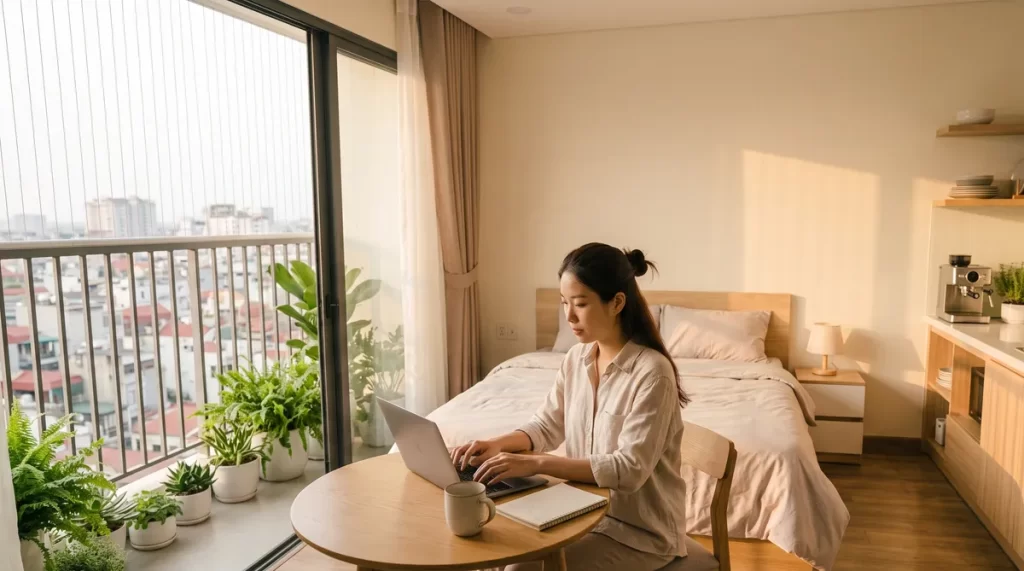 Ảnh minh họa cô gái trẻ làm việc trong căn studio Sun Glory Residence