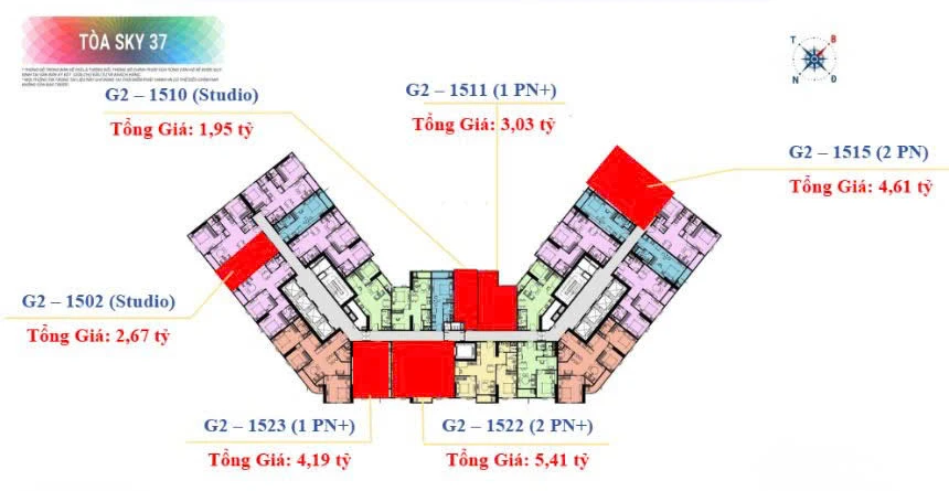 Bảng giá tòa Sky 37 Sun Glory Residence trên mặt bằng tầng 15, cập nhật 16/10/2026