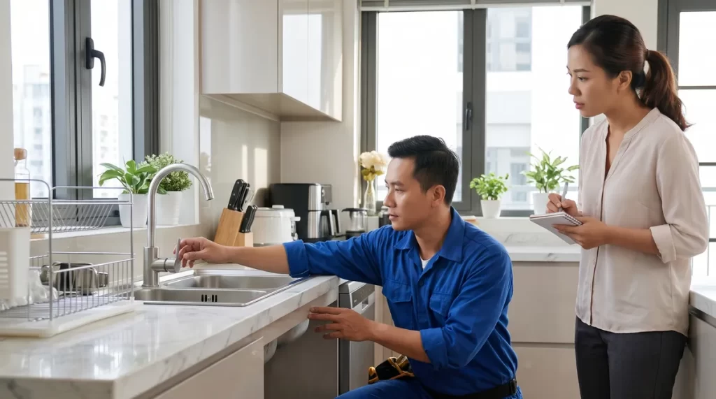 Ảnh minh họa bảo hành căn hộ Sun Trường Vinh kỹ thuật viên kiểm tra bồn rửa