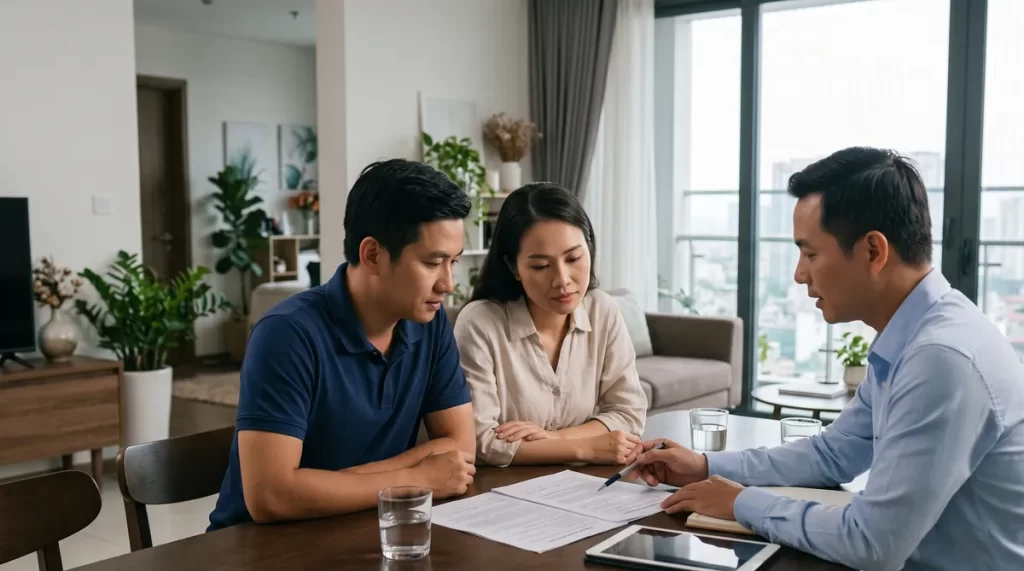 Ảnh minh họa bảo hiểm căn hộ Sun Trường Vinh, gia đình đọc hợp đồng bảo hiểm nhà ở