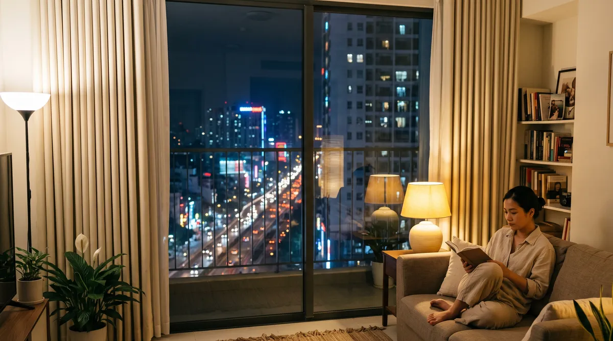 Ảnh minh họa phòng khách yên tĩnh nhờ cách âm căn hộ Sun Trường Vinh