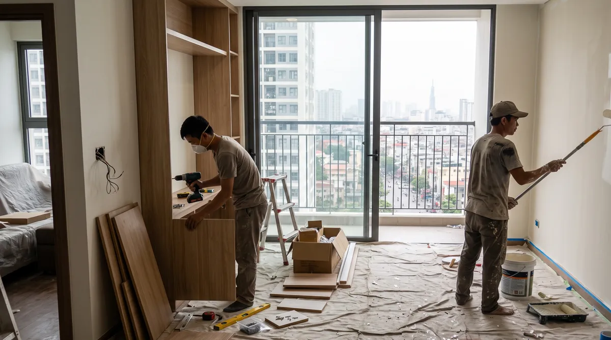 Ảnh minh họa cải tạo căn hộ Sun Trường Vinh, thợ lắp tủ và sơn lại tường