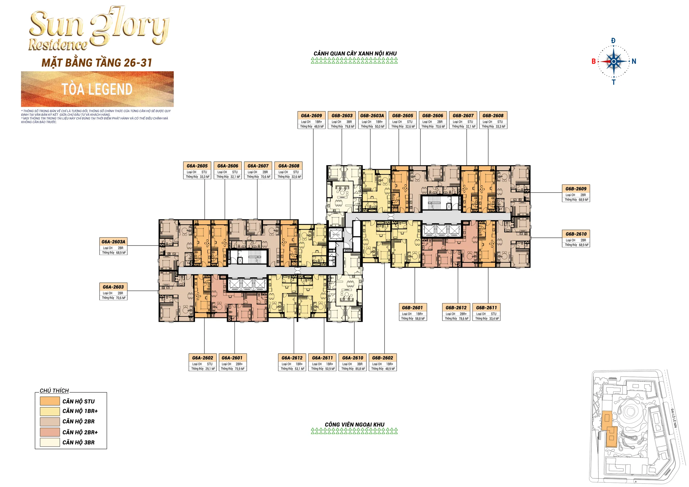 Mặt bằng tầng 26-31 tòa Legend với căn 3PN G6A-2610 và G6B-2603
