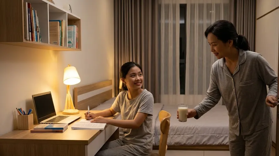 Ảnh minh họa sinh viên học bài trong căn hộ Sun Trường Vinh, mẹ mang sữa vào phòng
