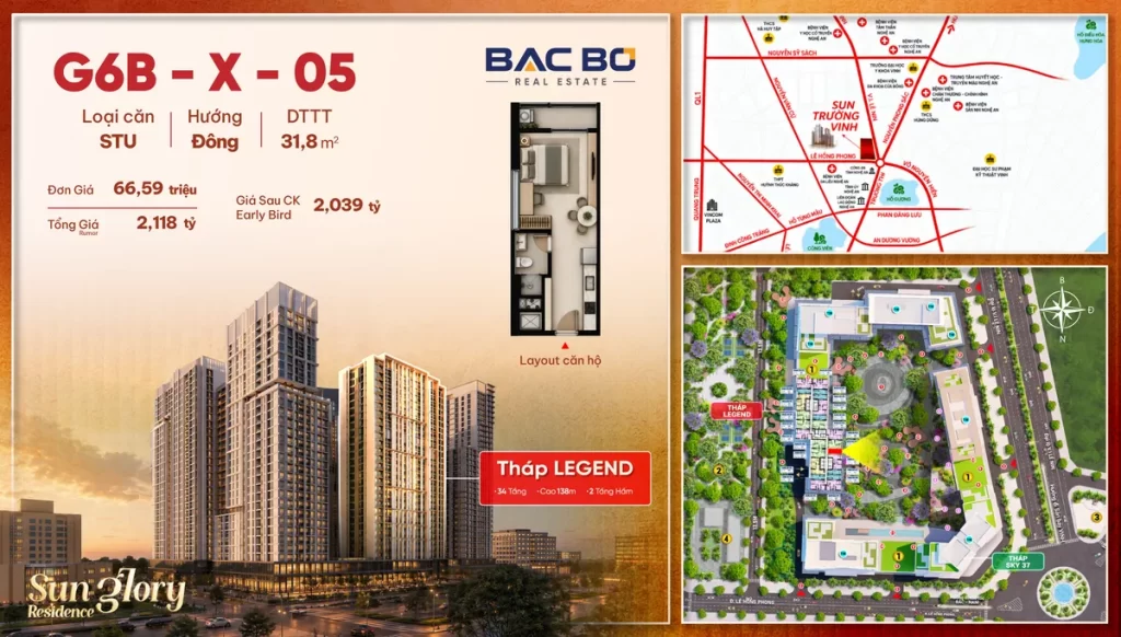 Phiếu căn studio G6B-X-05 tòa Legend Sun Trường Vinh, hướng Đông, 31,8 m²