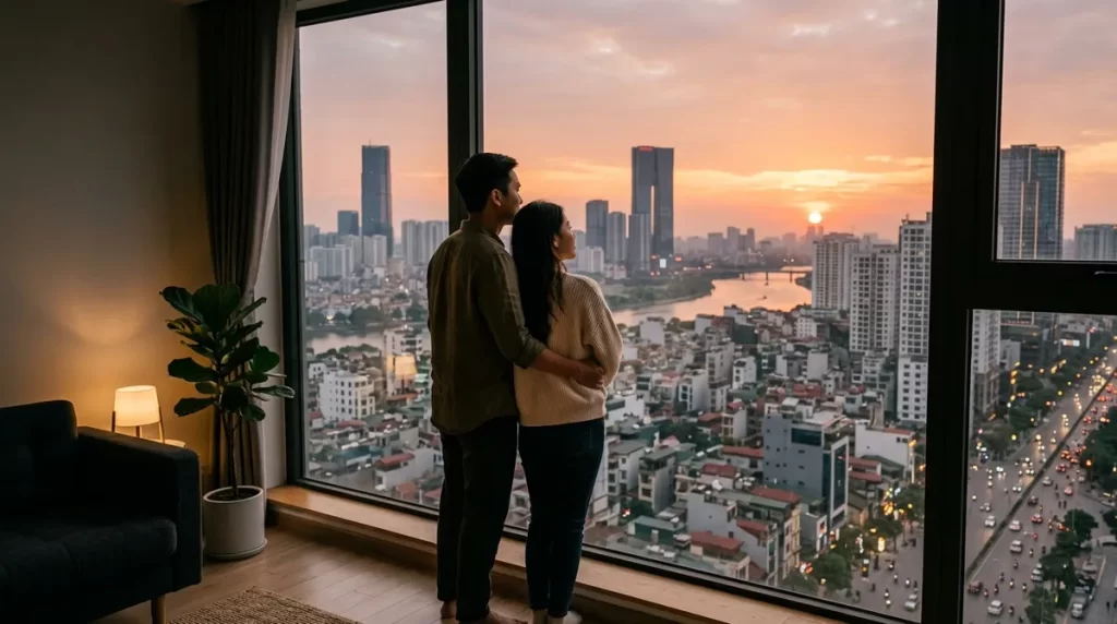 Ảnh minh họa vợ chồng ngắm thành phố khi chọn tầng căn hộ Sun Trường Vinh