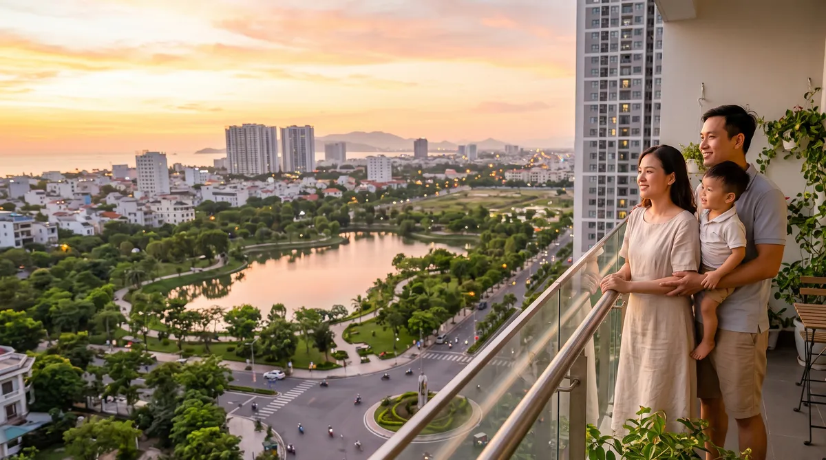 Ảnh minh họa gia đình ngắm thành phố từ ban công chung cư Sun Glory Residence