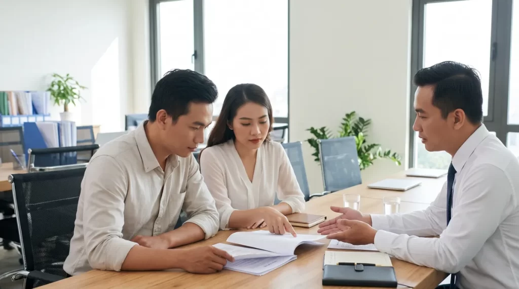 Ảnh minh họa vợ chồng đọc kỹ hợp đồng thỏa thuận nguyện vọng chung cư Sun Trường Vinh