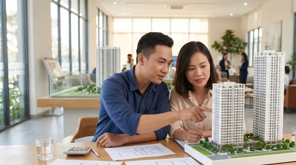 Ảnh minh họa vợ chồng cân nhắc chung cư Sun Vinh mua tòa Legend hay chờ Sky 37