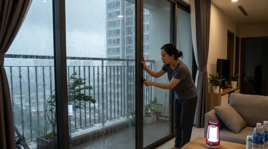 Ảnh minh họa căn hộ tầng cao đóng kín cửa kính, chung cư Vinh mùa mưa bão