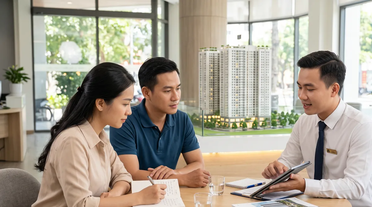 Ảnh minh họa vợ chồng hỏi tư vấn viên trước khi đặt chỗ Sun Trường Vinh