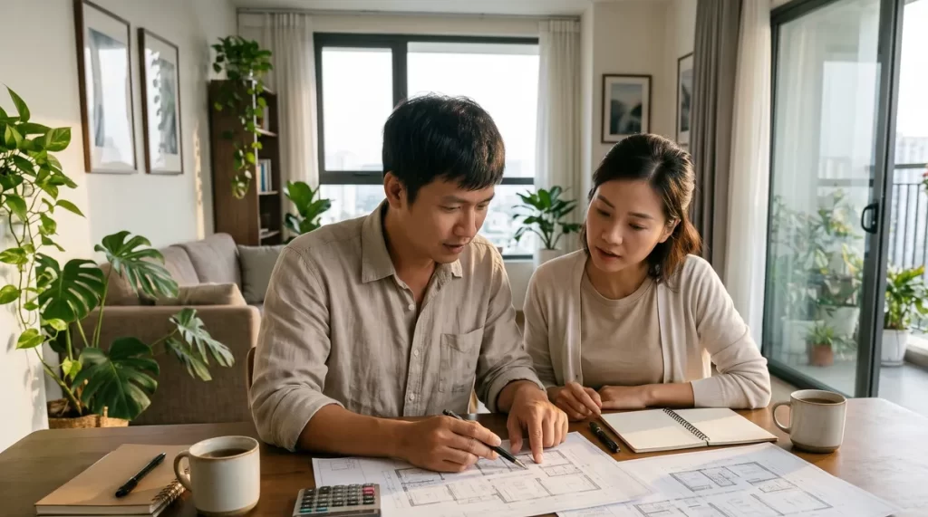 Ảnh minh họa cặp vợ chồng so sánh đơn giá m² tòa Legend Sun Trường Vinh