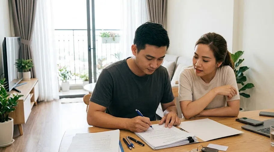 Ảnh minh họa vợ chồng trẻ xem giấy tờ mua căn hộ Sun Trường Vinh