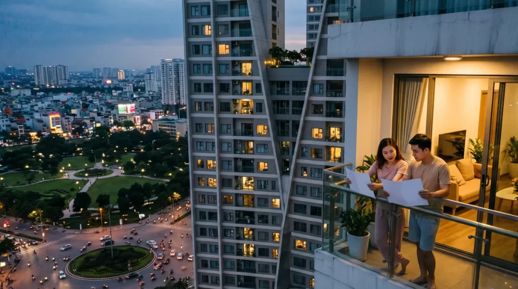 Ảnh minh họa cặp vợ chồng so sánh giá chung cư Sun Trường Vinh theo tầng trên ban công tầng trung
