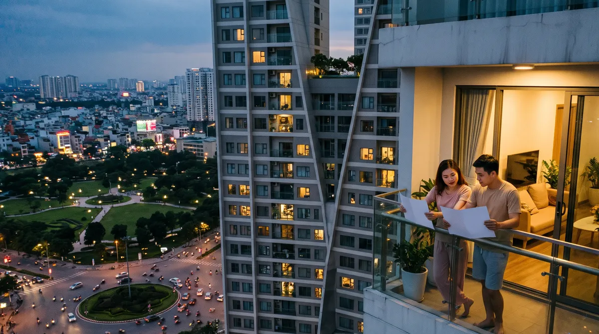 Ảnh minh họa cặp vợ chồng so sánh giá chung cư Sun Trường Vinh theo tầng trên ban công tầng trung