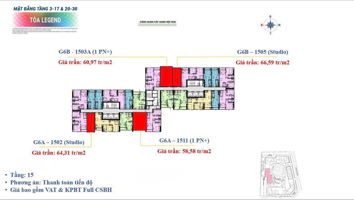 Mặt bằng tầng 15 tòa Legend so sánh giá Sun Glory Residence view nội khu và ngoại khu
