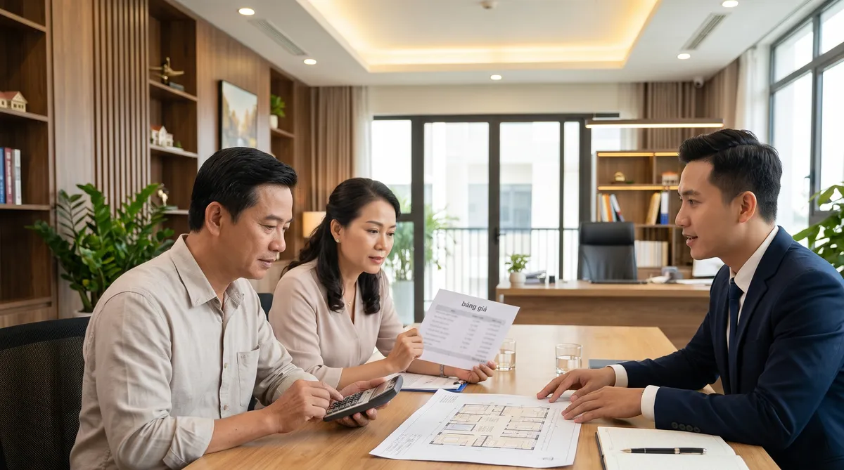 Ảnh minh họa vợ chồng xem bảng giá dự án cùng chuyên viên tư vấn
