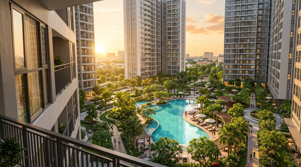Ảnh minh họa căn hộ view nội khu có bể bơi, yếu tố làm giá dự án cao hơn