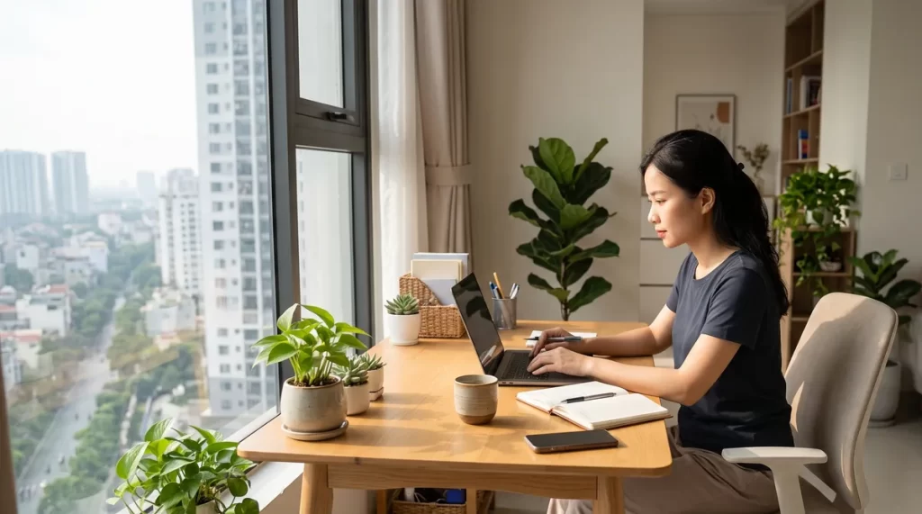 Ảnh minh họa góc làm việc tại nhà trong căn hộ Sun Trường Vinh cạnh cửa sổ tầng cao