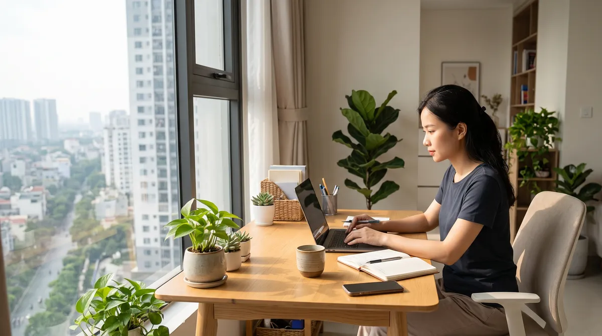 Ảnh minh họa góc làm việc tại nhà trong căn hộ Sun Trường Vinh cạnh cửa sổ tầng cao