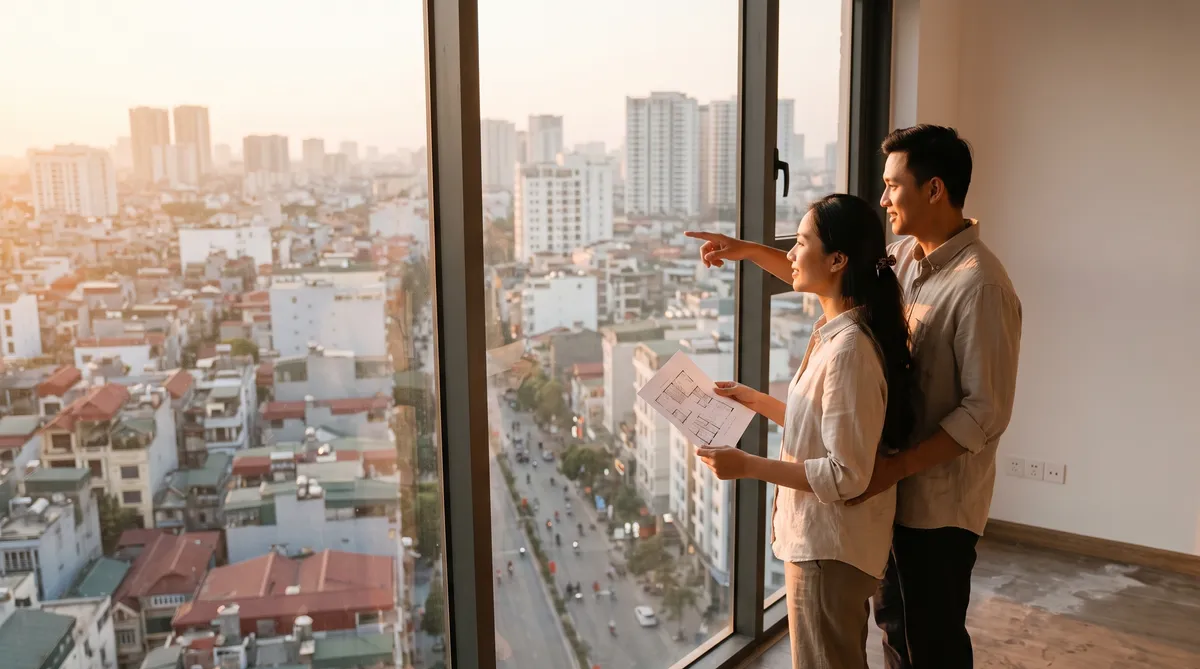 Ảnh minh họa vợ chồng mới cưới xem căn hộ trống, mua căn hộ Sun Trường Vinh