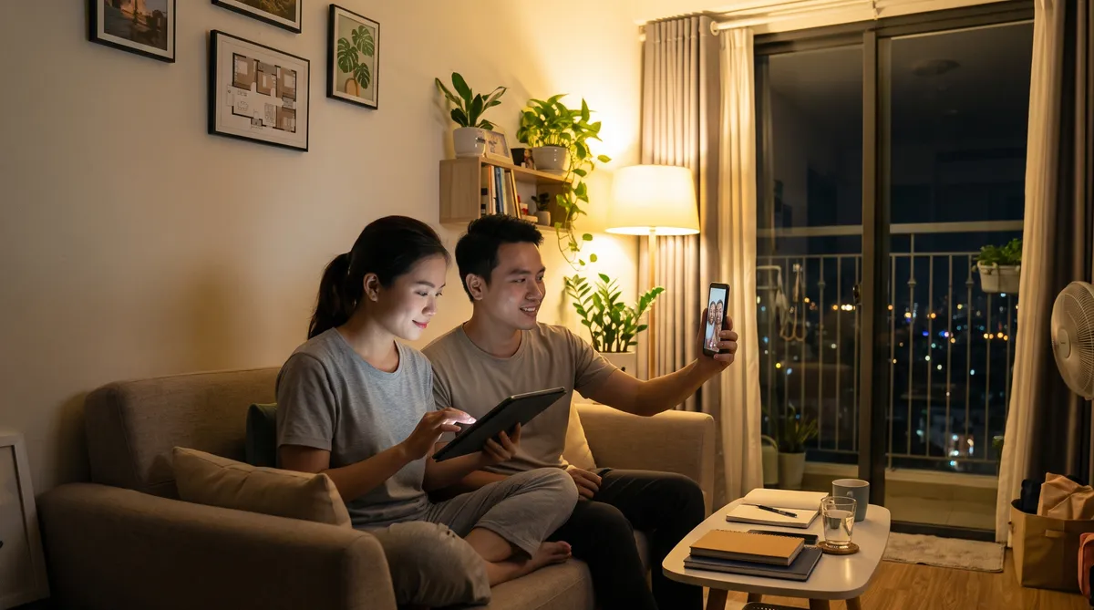 Ảnh minh họa vợ chồng trẻ xa quê tìm hiểu mua căn hộ Sun Trường Vinh từ xa