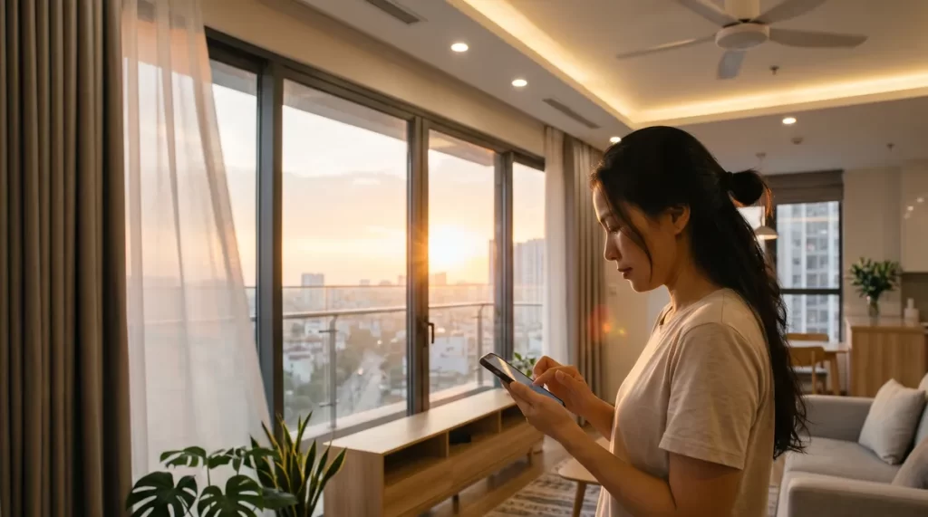 Ảnh minh họa nhà thông minh căn hộ Sun Trường Vinh điều khiển đèn rèm qua điện thoại