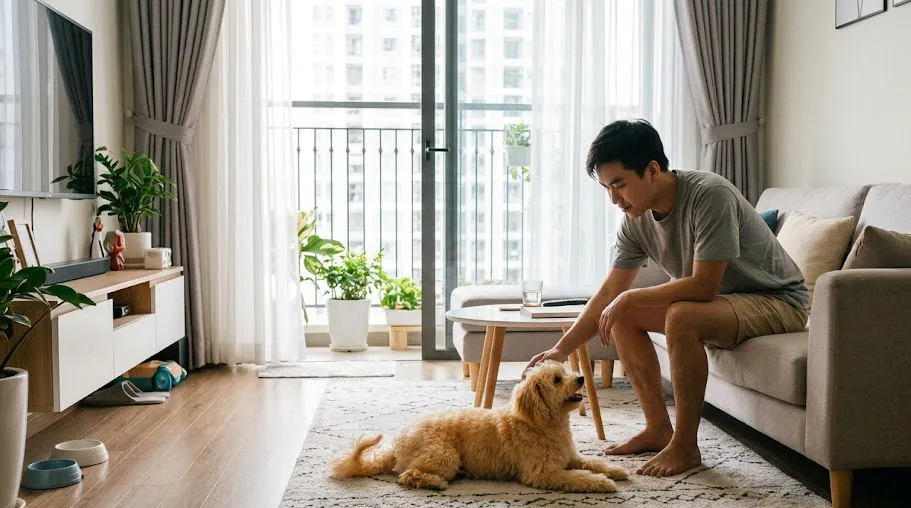 Ảnh minh họa chú chó nhỏ nằm trên thảm phòng khách căn hộ Sun Trường Vinh