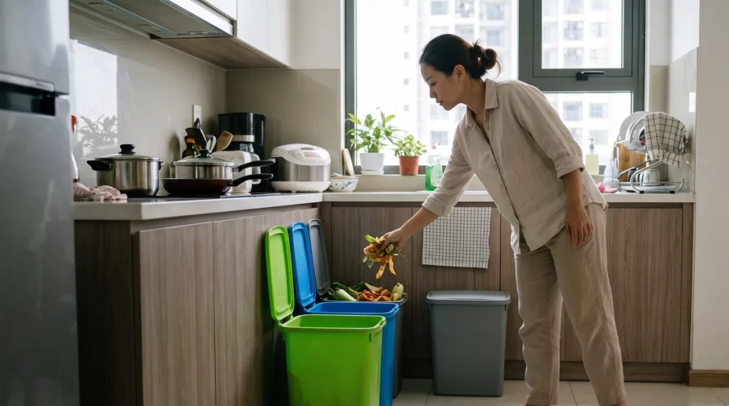 Ảnh minh họa phân loại rác chung cư Sun Trường Vinh trong bếp căn hộ
